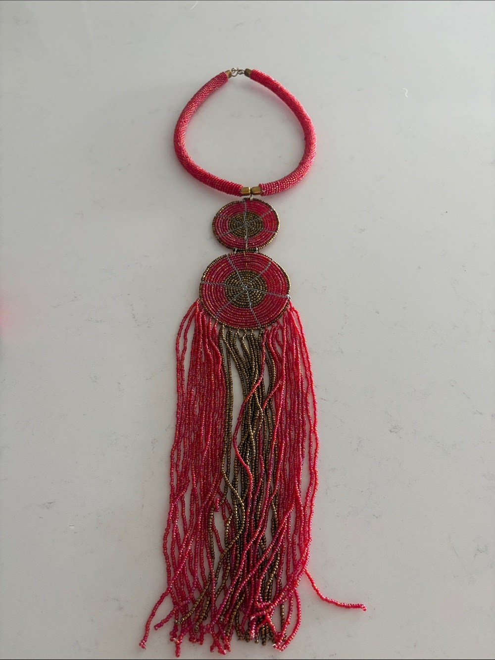 Handcrafted Pink Beaded Fringe Statement Necklace